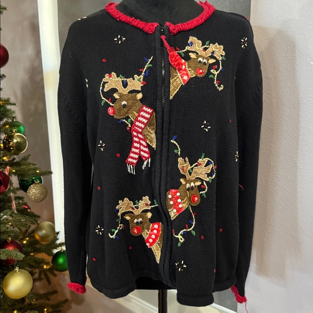 Black Sweater with Red Accents and Reindeer Embroidery